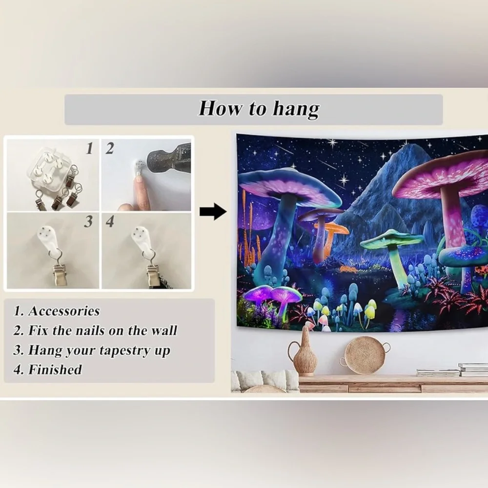 Colorful‎ Wall Tapestry, Mushroom Wall Hanging Starry Sky  (H59.1”xW82.7”)